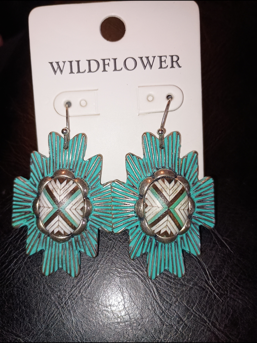 Wildflower Turquoise & Silver Sunburst Inlay Dangle Earrings